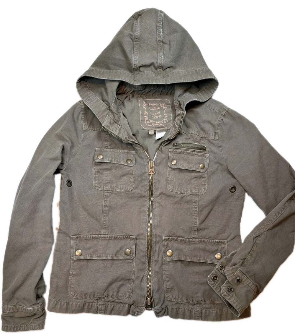 J.Crew Washed & Aged Utility Jacket Women's 0 Olive Gray Hooded Cotton